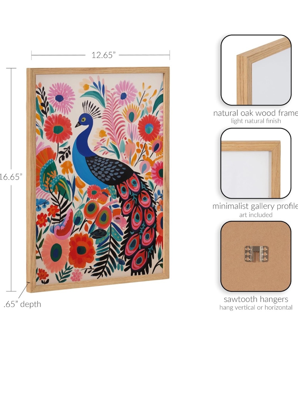 KATE & LAUREL Colorful Peacock Floral Art Print - Blue & Pink - Picture 3 of 4